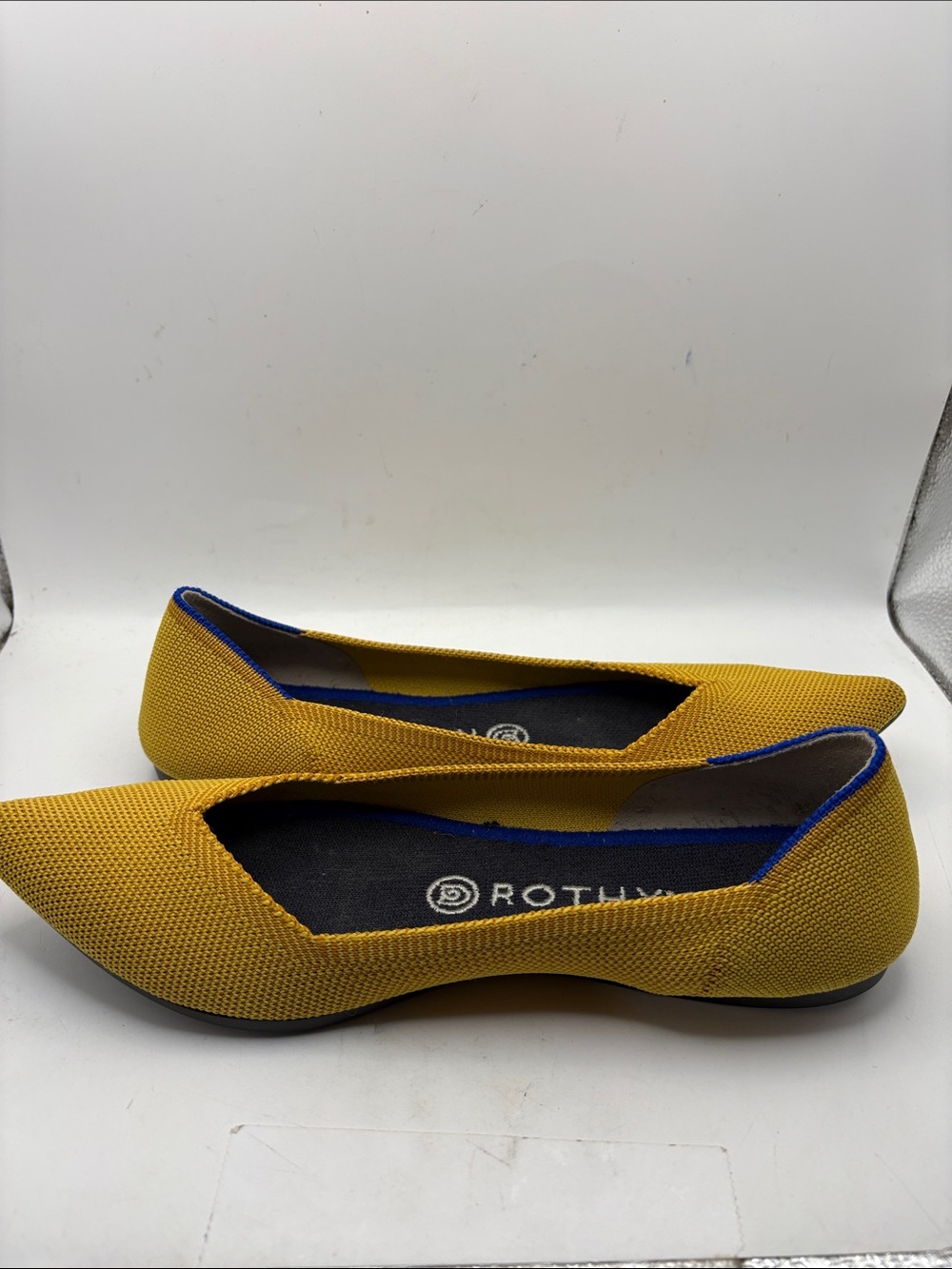 Rothy's Pointed Knit Ballet Flats in Bright Yellow with Blue Trim - Picture 3 of 11